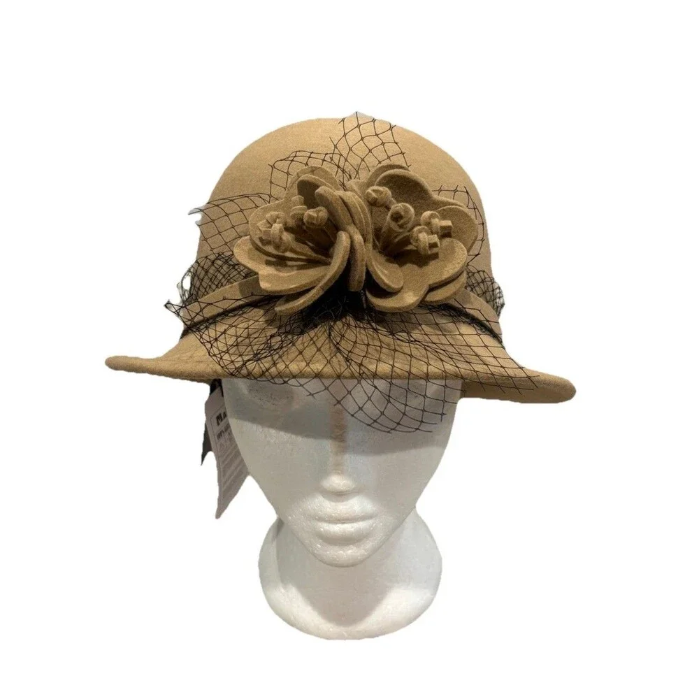 Matiose Wool Cloche Hat Tan One Size With Flowers And Black Net NWT